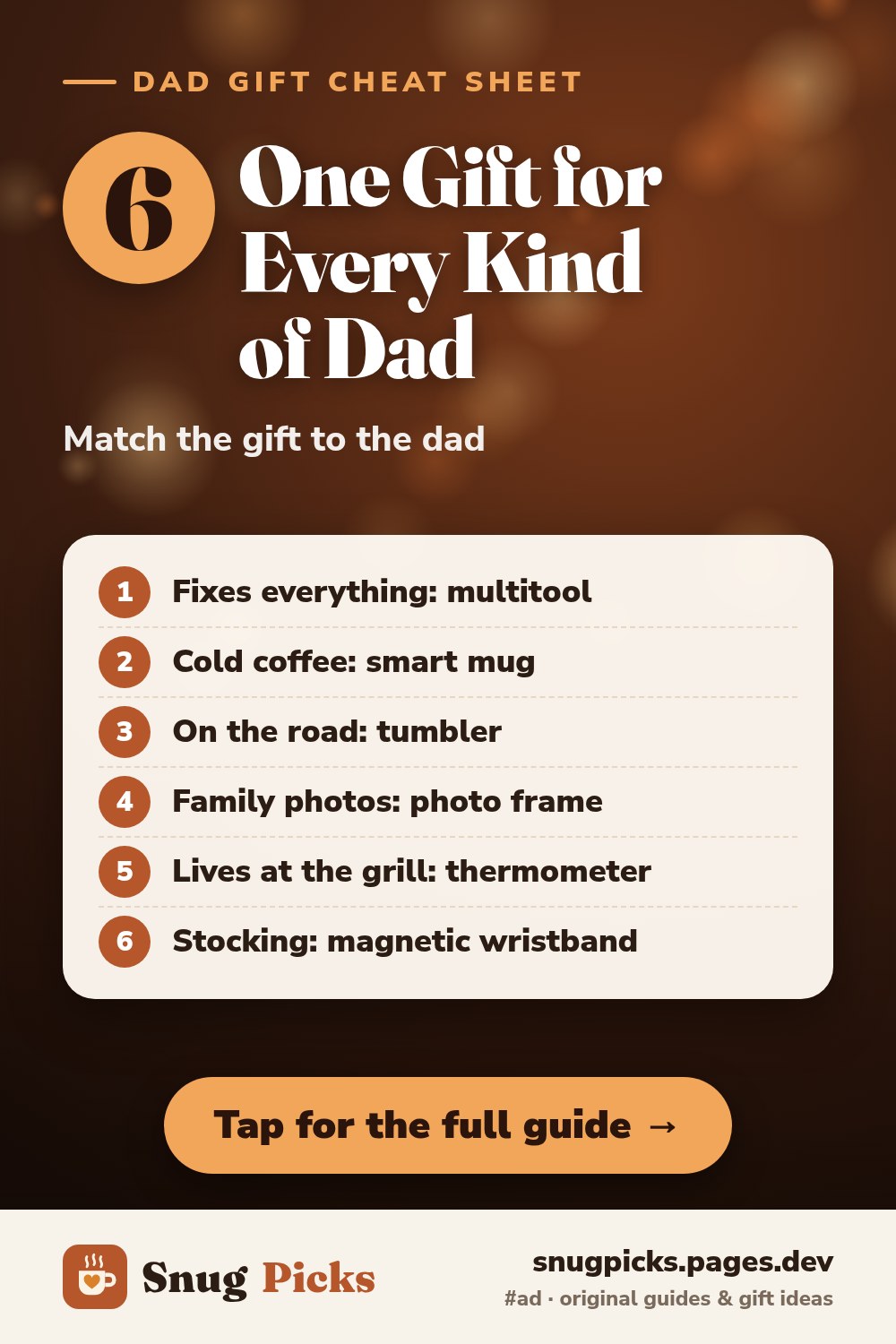 Snug Picks dad gift cheat sheet graphic: a gift idea for 6 kinds of dad, from the fix-it dad to the grill dad