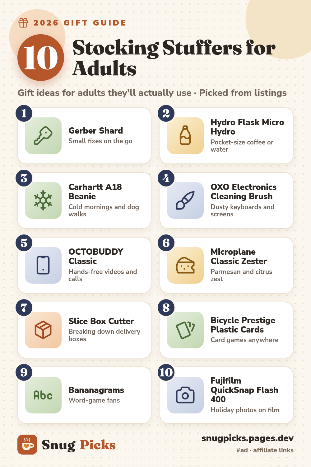 Numbered collage for 10 Practical Stocking Stuffers for Adults (2026): 1. Gerber Shard; 2. Hydro Flask Micro Hydro; 3. Carhartt A18 Beanie; 4. OXO Electronics Cleaning Brush; 5. OCTOBUDDY Classic; 6. Microplane Classic Zester; 7. Slice Box Cutter; 8. Bicycle Prestige Plastic Cards; 9. Bananagrams; 10. Fujifilm QuickSnap Flash 400. Line icons, not product photos.