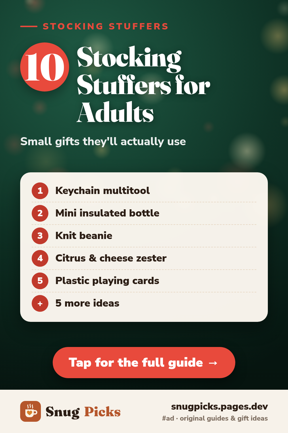 Snug Picks graphic: 10 stocking stuffers for adults: keychain multitool, mini insulated bottle, knit beanie, citrus and cheese zester, plastic playing cards, plus 5 more ideas