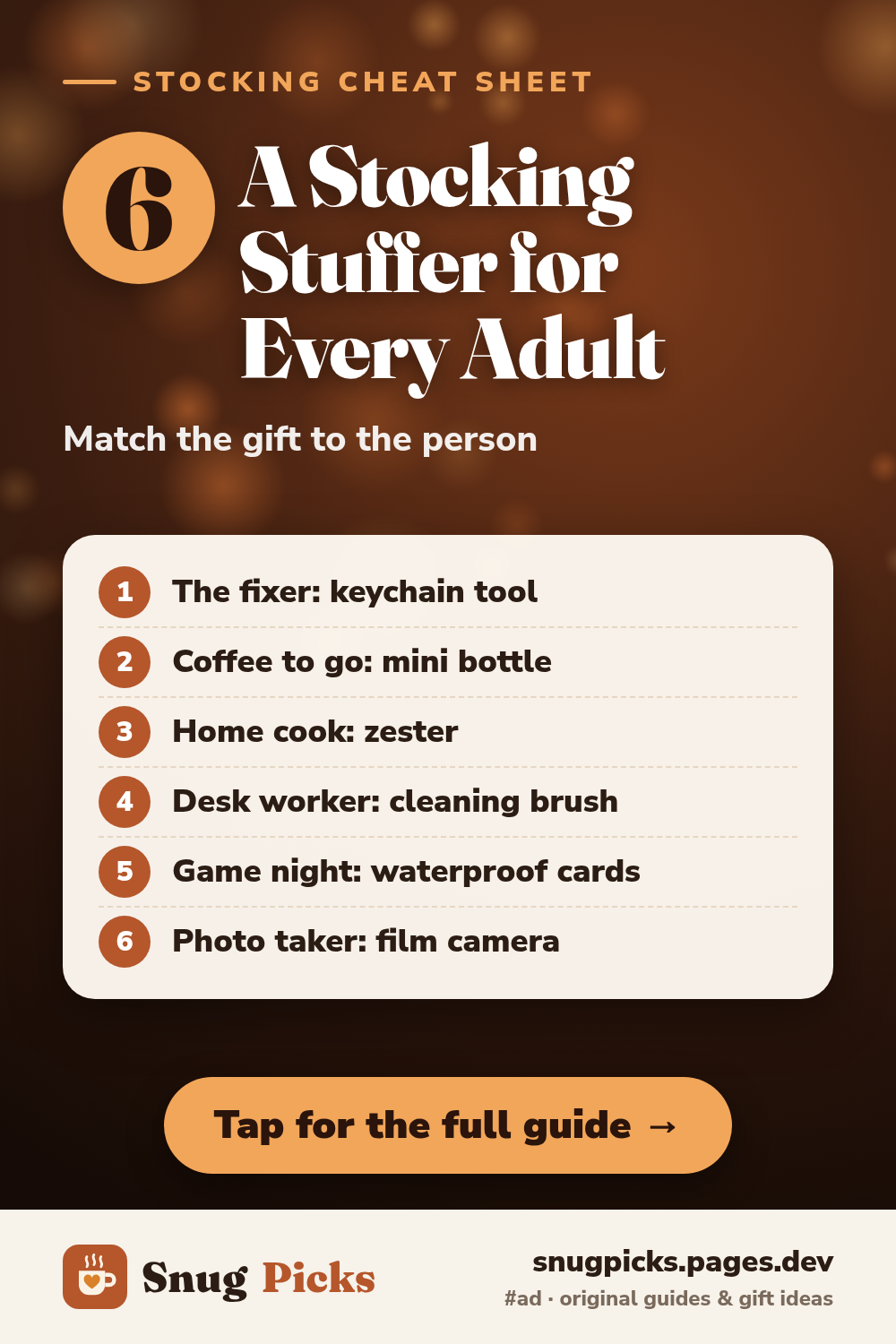 Snug Picks stocking stuffer cheat sheet graphic: a small gift idea for 6 kinds of adults, from the fixer to the photo taker